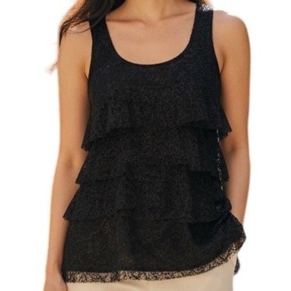 EXPRESS Black Tiered Iridescent Lace Ruffle Trim Sleeveless Top NWT $49‎ Size XS